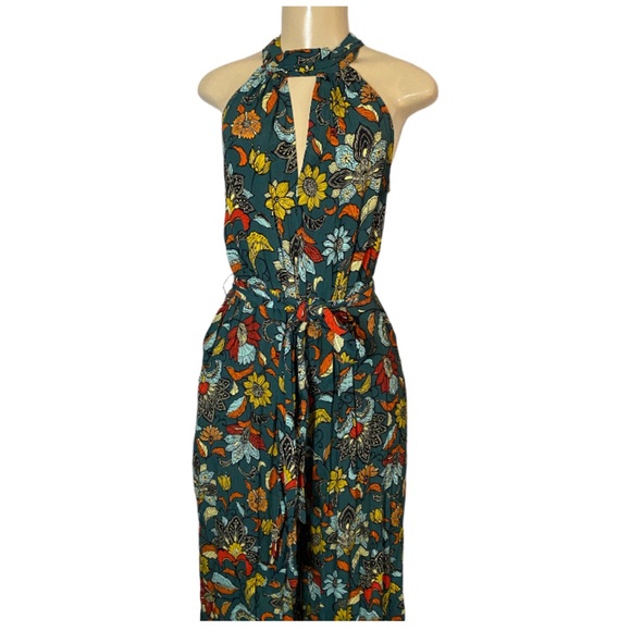 Anthropologie Geneva Halter Wide-Leg Jumpsuit Small Teal Green Floral Paisley - Picture 4 of 10